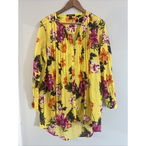 Roaman's Tops - Roaman's Blouse Women's 14W Top Shirt long Tab Sleeves Floral Tropical‎ yellow